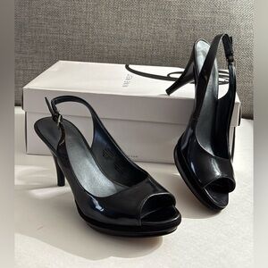 NINE WEST Black Patent Peep-Toe Slingback Heels Size 5